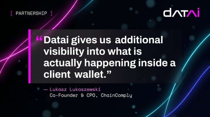 A partnership graphic featuring the Datai logo displays a quote from Lukasz Lukaszewski, Co-Founder & CPO of ChainComply, stating "Datai gives us additional visibility into what is actually happening inside a client wallet," highlighting how Datai's transaction context helps ChainComply perform smarter source-of-wealth/source-of-funds investigations with cleaner, noise-filtered histories.