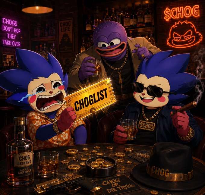 An anime-style image of anthropomorphic furry characters, including a purple duck and two blue-and-cream critters, sitting around a table with gold coins and liquor, with text reading '$CHOG', 'CHOGGLIST', and 'CHOGS DON'T HOP THEY TAKE OVER'.