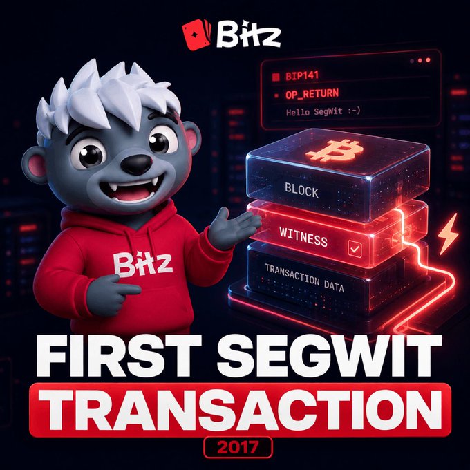 A promotional graphic from Bitz featuring a cartoon hedgehog mascot in a red hoodie, celebrating "FIRST SEGWIT TRANSACTION 2017" with Bitcoin block visualization showing Block, Witness, and Transaction Data layers.