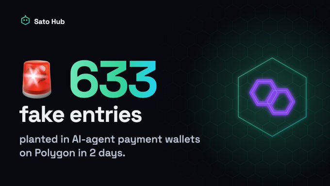 A graphic from "Sato Hub" stating "633 fake entries planted in AI-agent payment wallets on Polygon in 2 days."