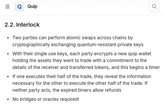 A documentation screenshot titled '2.2. Interlock' explaining how two parties perform atomic swaps across chains using quantum-resistant private keys, with bullet points detailing the process and noting 'No bridges or oracles required!'