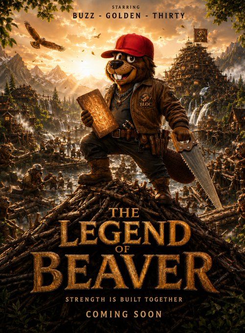 A movie poster titled 'THE LEGEND OF BEAVER' starring Buzz, Golden, and Thirty, featuring an anthropomorphic beaver in a red cap holding a book and standing atop a log structure with the tagline 'STRENGTH IS BUILT TOGETHER' and 'COMING SOON'.