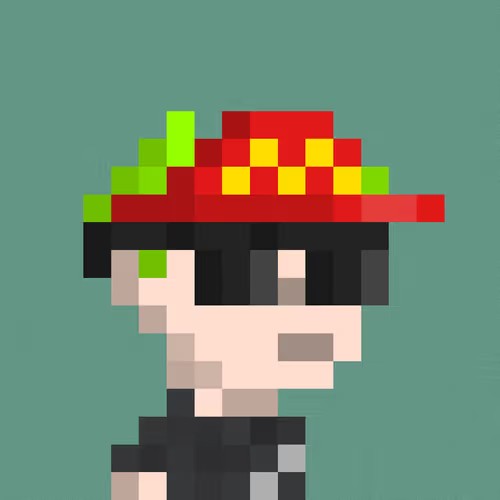 Pixel art depicts a character wearing a red and green checkered hat and black shirt against a solid green background.