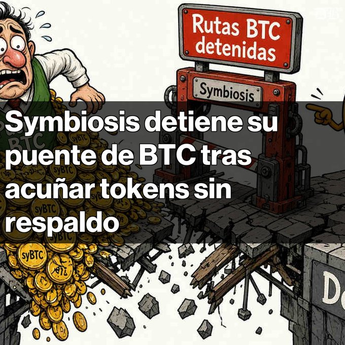 A Spanish-language news graphic with cartoon illustrations showing a worried man, a broken bridge, and gold coins labeled 'svBTC', with the headline 'Symbiosis detiene su puente de BTC tras acuñar tokens sin respaldo'.