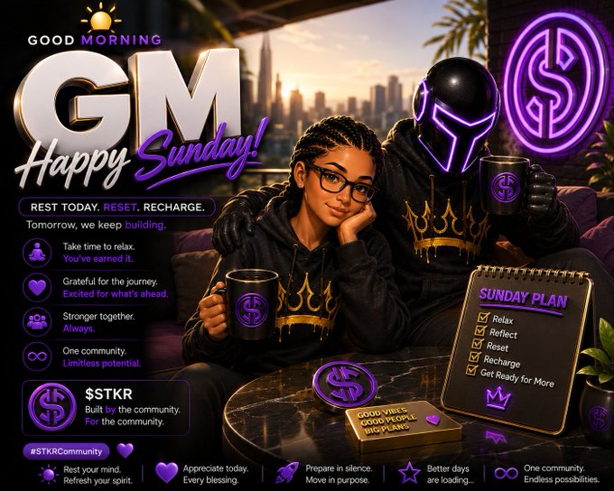 A vibrant digital 'Good Morning - Happy Sunday' graphic features a stylized woman and a neon-helmeted figure in crowns, promoting the $TKR community with themes of rest, reset, and recharge.
