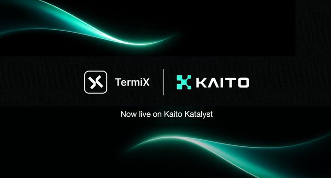 A promotional graphic announcing that TermiX is now live on Kaito Katalyst, featuring teal light wave designs on a black background.