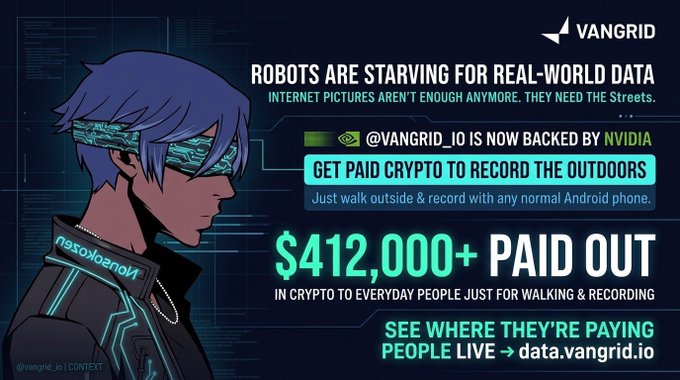 A promotional graphic for "VANGRID" featuring an anime-style character with blue hair and visor, advertising a program that pays users crypto to record real-world data, noting "$412,000+ PAID OUT" and a partnership with NVIDIA.
