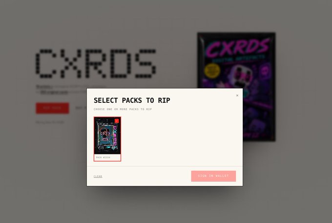A screenshot of a website for 'CXRDS' showing a pop-up titled 'SELECT PACKS TO RIP' with a 'First Strike' pack option and a 'SEND TO WALLET' button.