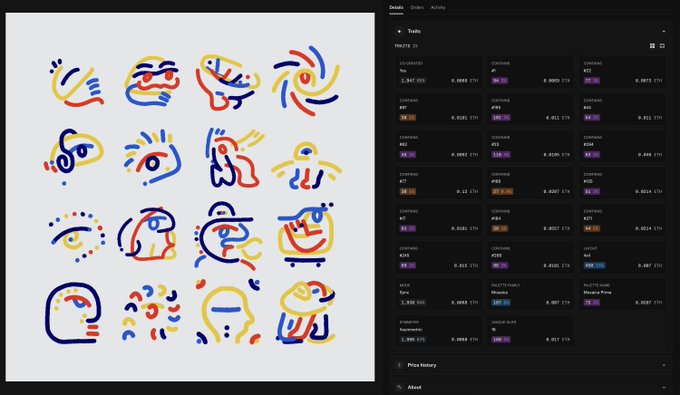 A grid of colorful abstract face illustrations in blue, yellow, and red next to a dark 'Train' interface showing various crypto token details and prices.