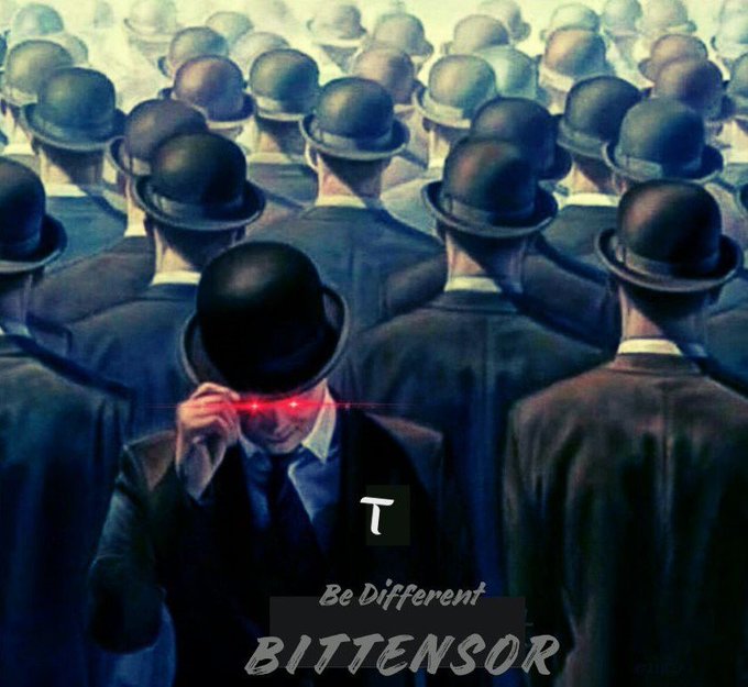 A digital artwork showing a crowd of identical figures in dark suits and bowler hats, with one central figure facing forward wearing glowing red sunglasses, and text reading 'Be Different BITTENSOR'.