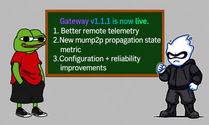 A Pepe the Frog cartoon standing next to a green chalkboard displaying 'Gateway v1.1.1 is now live' with three feature updates listed.