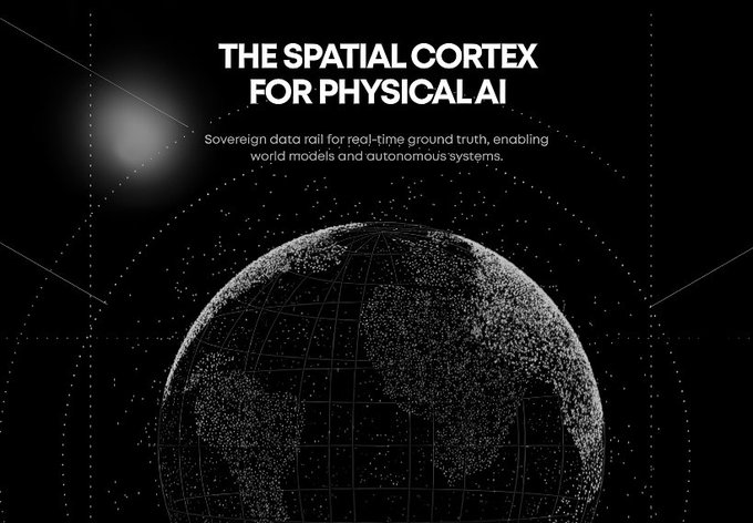 A black promotional graphic titled 'THE SPATIAL CORTEX FOR PHYSICAL AI' with the tagline 'Sovereign data rail for real-time ground truth, enabling world models and autonomous systems,' featuring a stylized globe made of dots.