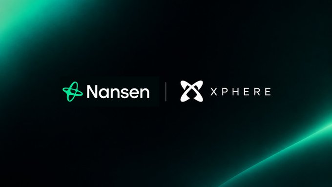 A dark graphic featuring the Nansen and XPHERE logos side by side, illustrating a partnership or integration between the two platforms—visually reinforcing the post's guide on staking XP via Nansen.
