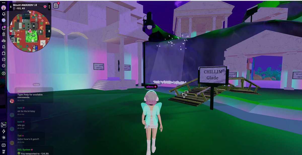 The image shows a woman wearing a white dress walking through an area that appears to be a park or garden, possibly at night. The setting includes a building with a clock tower nearby. There are also several other buildings visible in the scene. In the bottom right corner of the screen, there is a post about a game called "Decentraland" and how it was made using a blender.