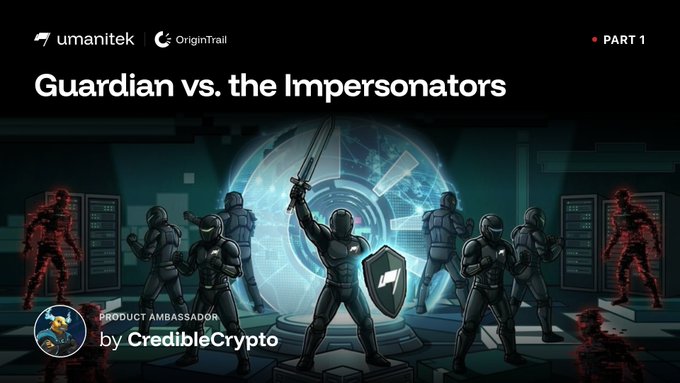 A header graphic titled 'Guardian vs. the Impersonators' by CredibleCrypto for Umanitek and OriginTrail, depicting futuristic knights guarding a glowing portal.