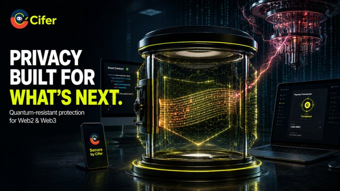 An advertisement for 'Cifer' featuring the text 'PRIVACY BUILT FOR WHAT'S NEXT. Quantum-resistant protection for Web2 & Web3' alongside a futuristic cylindrical device emitting light and digital data.