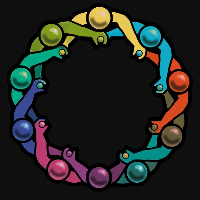 A colorful circular logo featuring abstract robotic or alien figures in multiple bright colors arranged in a ring on a black background.