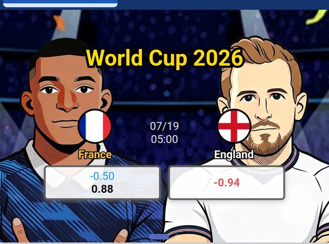 An illustrated graphic for a 'World Cup 2026' match between France and England scheduled for 07/19 at 05:00, showing betting odds of -0.50 (0.88) for France and -0.94 for England alongside cartoon portraits of Kylian Mbappé and Harry Kane.