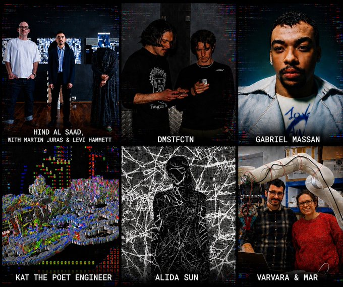 The image shows six different photos featuring artists or photographers. The first photo features two men posing for a picture against a brick wall with the text "Hack Al Arab" and the artist's name below, "404-LAND". The second photo depicts a man in a blue shirt standing next to another man wearing a red sweater. The third photo showcases an image of a group of people gathered around something on their phones. The fourth photo features two men posing for a picture together with the text "DISTECTN" and the artist's name below, "Gabriel Massan". The fifth photo shows two artists standing next to each other as well as one artist in a black shirt walking away from another artist wearing a white shirt. Finally, the sixth photo features an image of two men posing for a picture against a brick wall with the text "Hack Al Arab" and the artist's name below.