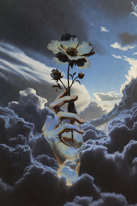 A surreal digital artwork of a metallic hand holding a white flower with a dark center, emerging from dramatic dark clouds against a bright sky.