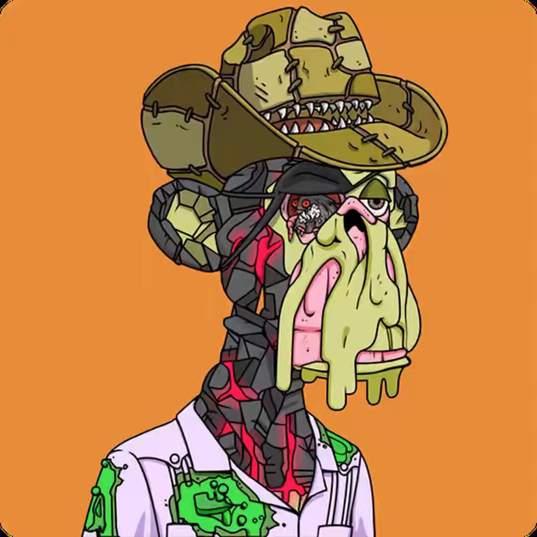 The image features an animated cartoon of a person wearing a hat with a skull design, which appears to be made out of paper mache or clay. The person's face has been altered to resemble that of a human, but their body is covered in green goo and they are wearing a white shirt. The background of the image is orange, giving it an artistic and surreal appearance. The caption reads "Slideshow of the finest backgrounds in the swamp. 3,737 Orange BGs. 30 apes per second. Hit pause anywhere to see a @BoredApeYC grail." This suggests that the image might be part of a series or collection showcasing various artistic styles and themes related to the concept of surrealism.