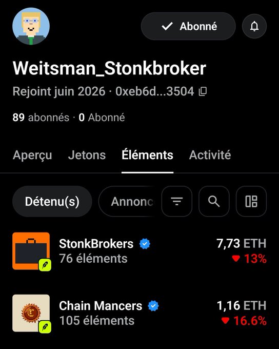 An OpenSea profile for "Weitsman_Stonkbroker" (joined June 2026) showing NFT collections "StonkBrokers" (7.73 ETH, 13% down) and "Chain Mancrs" (1.16 ETH, 16.6% down).