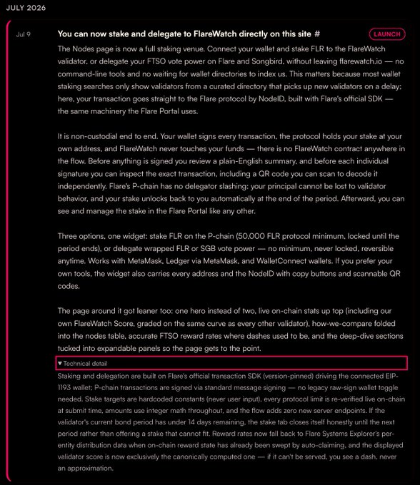 Screenshot of a July 2026 update titled 'You can now stake and delegate to FlareWatch directly on this site #,' explaining the non-custodial staking process and including a 'LAUNCH' button.