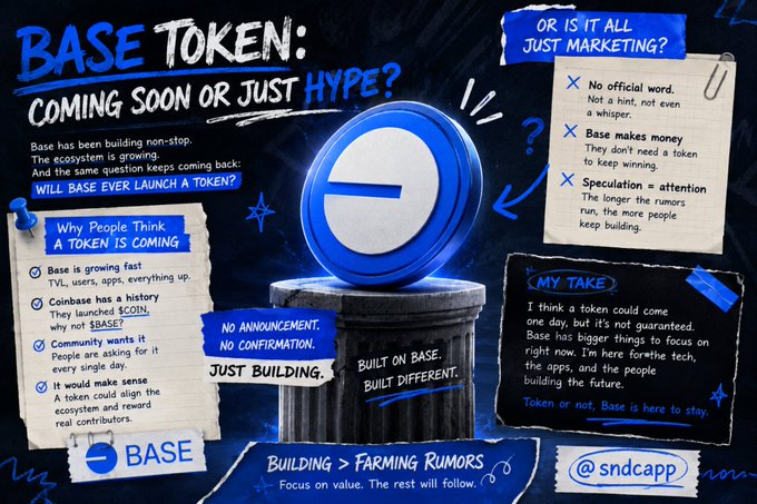 An infographic discussing whether Base will launch a token, featuring the Base logo, sections titled 'Why People Think A Token is Coming,' 'Or Is It All Just Marketing?', and 'My Take,' concluding with 'Building > Farming Rumors' from @sndcapp.