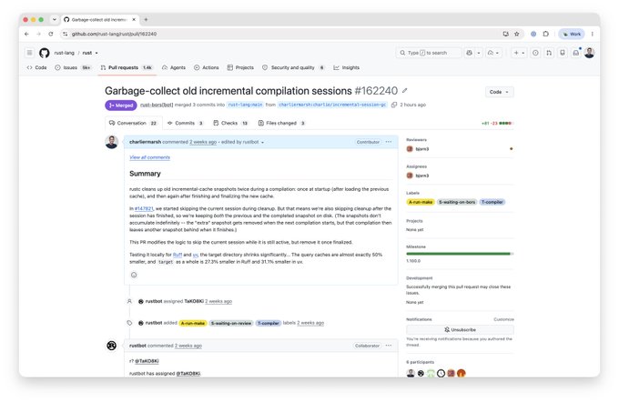 A screenshot of a GitHub pull request page titled "Garbage-collect old incremental compilation sessions #162240" showing a code summary and comments from users charliemanoli, rustbot, and matthiaskrgr.