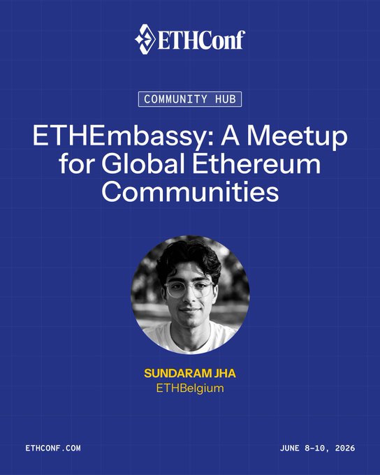 The image features a poster with a man's face, likely an attendee at an EthCon event or a member of the community hub. The poster has a blue background and white text that reads "Ethembassy: A Meetup for Global Ethereum Communities". The poster also includes the names of some attendees, such as Sundaram Jha, who is described as a "Developer" in the image description. The event appears to be taking place on June 9-10, 2018 at the Community Hub located at EthCon.com.