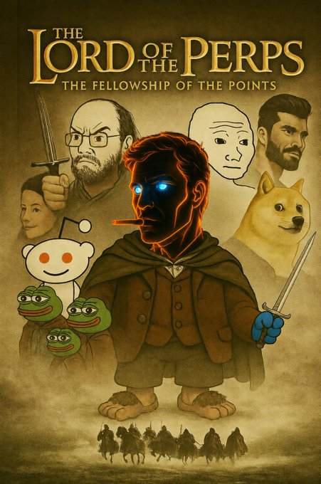 The image is a parody movie poster titled "The Lord of the Perps: The Fellowship of the Points," featuring a hobbit-like figure with glowing blue eyes and a cigar surrounded by internet meme characters (Wojak, Doge, Pepe, Reddit alien) and a bearded man holding a sword. The post's discussion of earning points on PERP DEXs like Variational and RisEx connects to the poster's satirical take on the points-earning grind in crypto perp trading, portraying it as an epic quest to accumulate valuable "points" before deadlines.