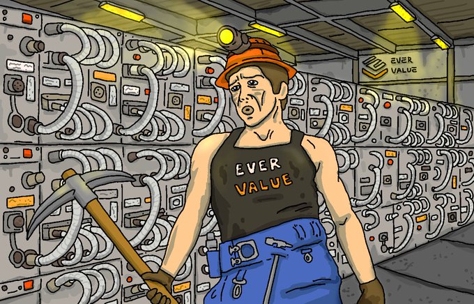 An illustration depicts a man in an orange hard hat and an 'EVER VALUE' tank top holding a pickaxe in a room filled with machinery.