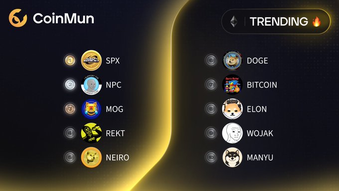 A CoinMun "Trending🔥" list displays popular meme coins, with SPX in the #1 spot and other tokens including NPC, MOG, REKT, NEIRO, DOIGE, BITCOIN, ELON, WOJAK, and MANYU.