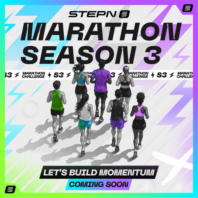 A promotional graphic for 'STEPN MARATHON SEASON 3' featuring illustrated runners with the tagline 'LET'S BUILD MOMENTUM' and 'COMING SOON' announcement.