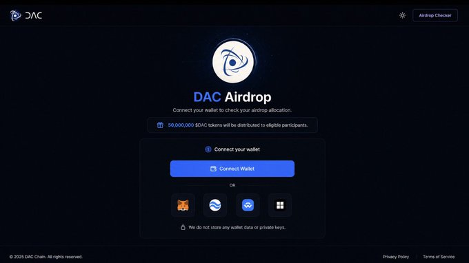 The image shows the DAC Airdrop webpage featuring a dark-themed interface with a "Connect your wallet" prompt and a banner stating "50,000,000 $DAC tokens will be distributed to eligible participants," with wallet options including MetaMask, Coinbase, and WalletConnect. This visual confirms the airdrop checker interface referenced in the caption, illustrating where users would connect their wallets to verify eligibility for the upcoming $DAC token distribution.