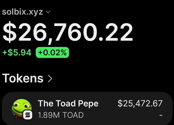 The image shows a portfolio tracker screenshot displaying solbix.xyz with a total value of $26,760.22 (up +$5.94 or +0.02%), with the main holding being "The Toad Pepe" token at $25,472.67 (1.89M TOAD), illustrating the post's claim of turning a small $50 investment into over $26,000 through the memecoin callout.