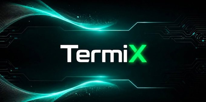 A logo banner for 'TermiX' with a stylized green 'X' on a dark background with glowing teal circuit-like lines and particle effects.