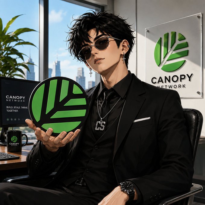 A stylized digital illustration of a man wearing sunglasses and a black suit, holding the green Canopy Network logo, with a 'CANOPY NETWORK' sign and a city skyline visible in the background.