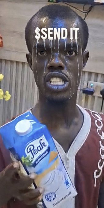 A meme showing a man with dark liquid dripping from his forehead holding a carton of Peak milk, with the text '$$SEND IT' overlaid.