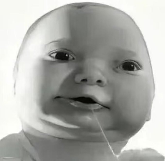 The black and white close-up shows a baby's face with drool dripping from its open mouth, gazing upward. The image humorously accompanies the "$LAPTOP" meme post about "Hunter Biden's View of Us," implying a childlike, drooling reaction.
