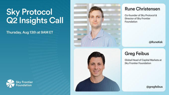 A promotional graphic for the 'Sky Protocol Q2 Insights Call' on Thursday, Aug 13th at 9AM ET, featuring photos and titles of speakers Rune Christensen and Greg Feibus from the Sky Frontier Foundation.