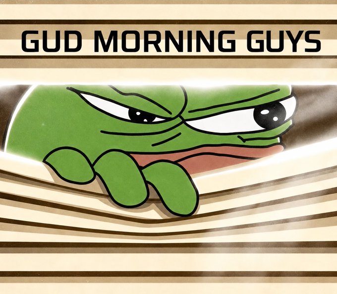 A 'GUD MORNING GUYS' meme featuring a skeptical-looking Pepe the Frog peeking out from under striped beige blankets.