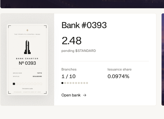 A digital bank charter card displaying "Bank #0393" with 2.48 pending $STANDARD tokens, 1 of 10 branches, and a 0.0974% issuance share, visually confirming the user's claim that their bank is already generating $STANDARD tokens.