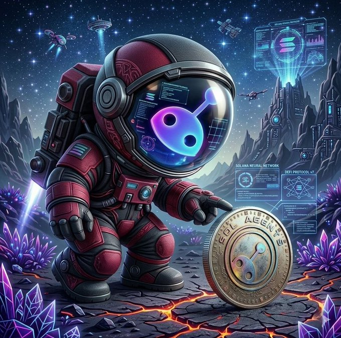 The image features a cartoon character dressed as an astronaut, holding a coin with a unique design featuring a blue circle with a purple dot inside. The caption of the image reads "Not chasing hype. Watching builders. AI + Solana is a combination I'm paying attention to=>> $SOLAGENT t.me/AgentsofSOL x.com/SolanasAgents #Solana #AI #Crypto #Web3". This post seems to be discussing the concept of investing in cryptocurrency, specifically focusing on the coin "Solana" and its potential value as a long-term investment.