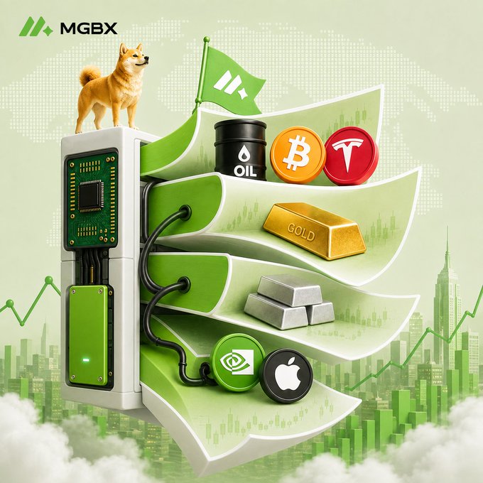 An illustration for MGBX showing a Shiba Inu dog standing on a server rack alongside various assets including oil, Bitcoin, Tesla, gold, silver bars, NVIDIA, and Apple logos.