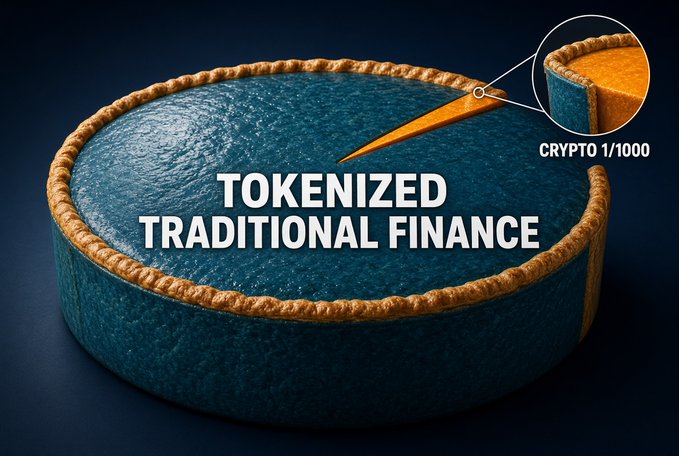A 3D illustration of a pie with the words 'TOKENIZED TRADITIONAL FINANCE' on top, with a callout label 'CRYPTO 1/1000' pointing to a slice.