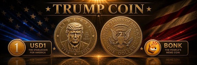 A promotional banner for "Trump Coin" featuring two gold commemorative coins—one displaying Donald Trump's portrait with "LIBERTY," "1776-2026," and "IN GOD WE TRUST," and the other showing the U.S. eagle seal with "UNITED STATES OF AMERICA" and "ONE DOLLAR." The banner highlights "1 USD1 The Stablecoin for America" and "BONK The People's Meme Coin" against an American flag backdrop, aligning with Moby's announcement that $Trump Coin has been upgraded to Pro status for the next four weeks.
