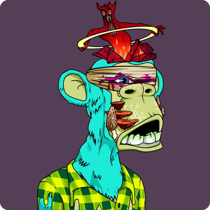 A digital illustration of a mutated blue monkey character with exposed teeth, fungi growing on its face, a bandage over one eye, and a red demonic creature emerging from its head.