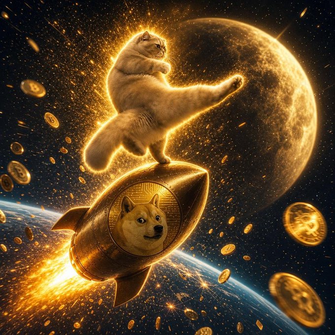 A glowing Karate Cat ($KAT) strikes a powerful pose atop a Dogecoin-themed rocket soaring through a cosmic backdrop filled with floating coins, symbolizing the token's ambitions for long-term growth and viral momentum beyond just a quick flip.