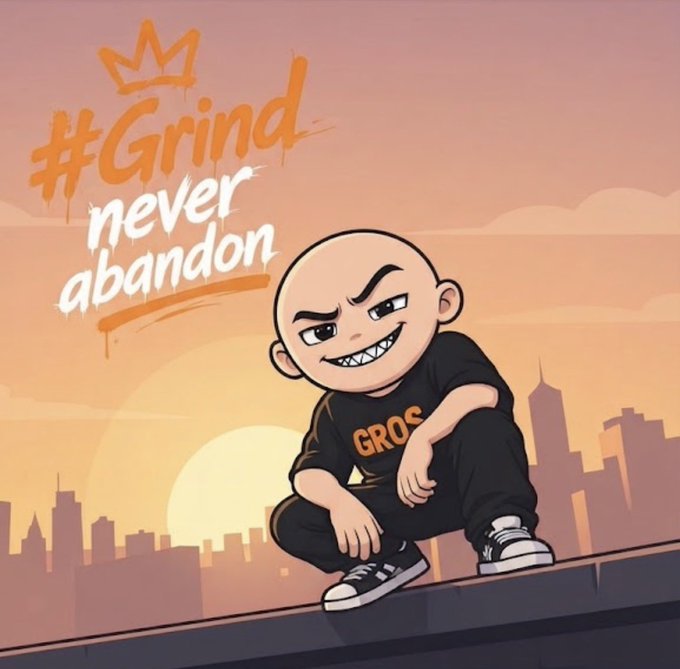 A cartoon illustration of a bald, grinning character in black streetwear crouching on a rooftop at sunset, with the graffiti-style text '#Grind never abandon' and a crown above.